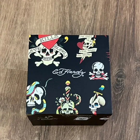NEW Ed Hardy Silver Black 3D Skull Mens Watch